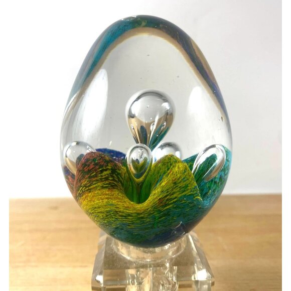 Handcrafted Art Glass Egg Paperweight With Vibrant Swirls & Bubbles - Picture 2 of 7